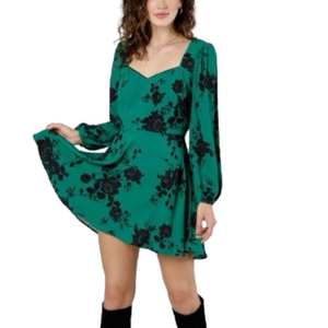 BAND OF THE FREE Green Long Sleeve Boho Dress with Black Floral Accents